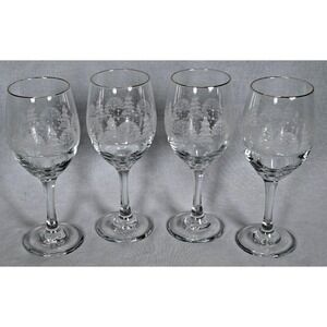 Set of (4) Libbey Arbys Winter Scenery Frosted Pine Trees Wine Goblets Gold Rim